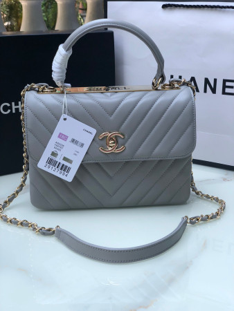 Ch*el flap bag with top handle gray 6.6 × 9.8 × 4.7 in