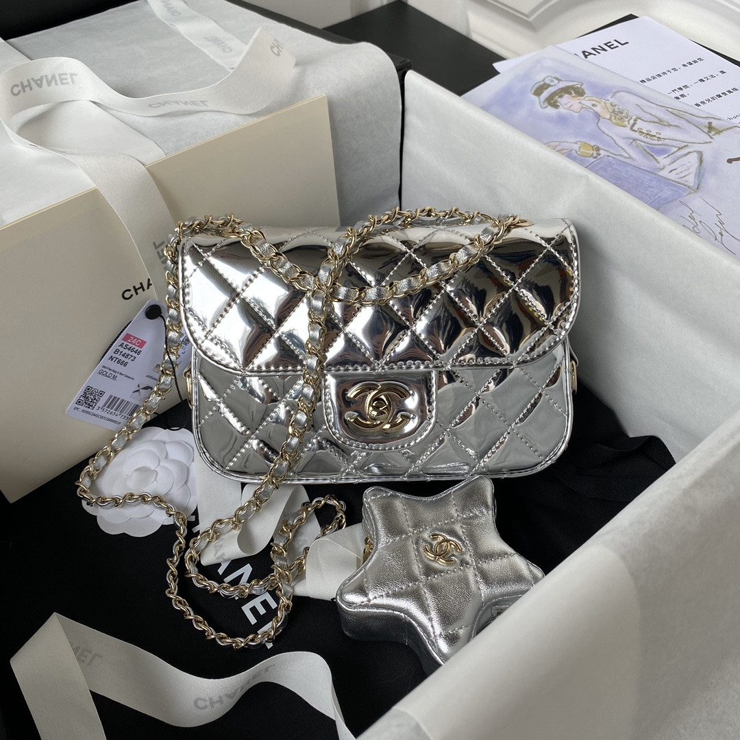 Ch*el flap bag & star coin purse silver 12.5×19×5cm