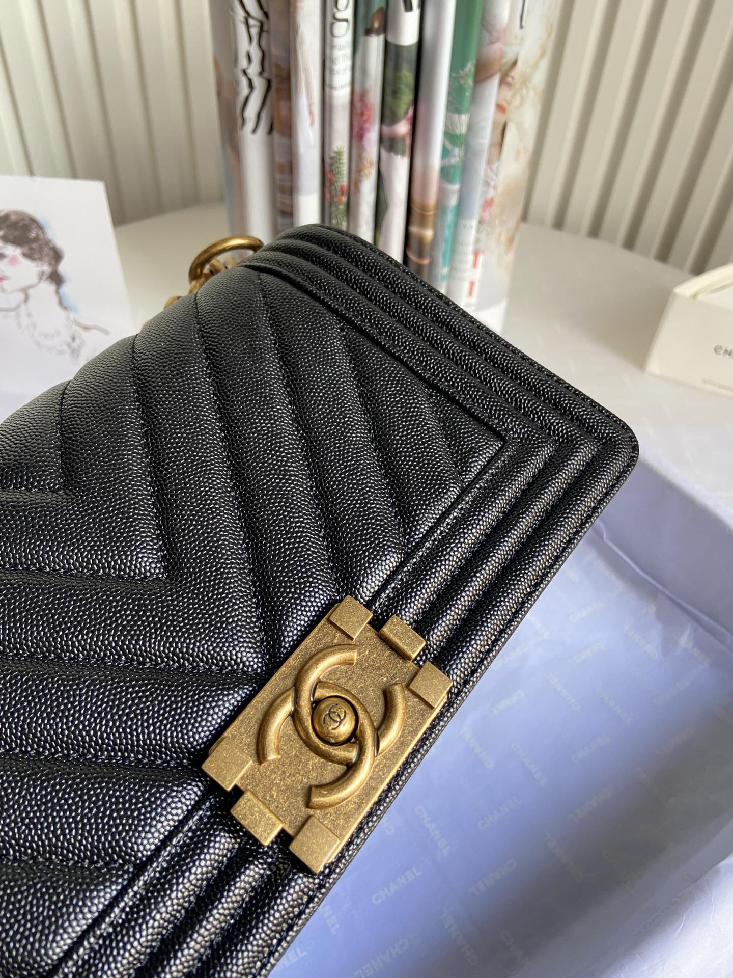 boy Ch*el handbag shiny grained calfskin black 5.9 × 9.8 × 3.5 in