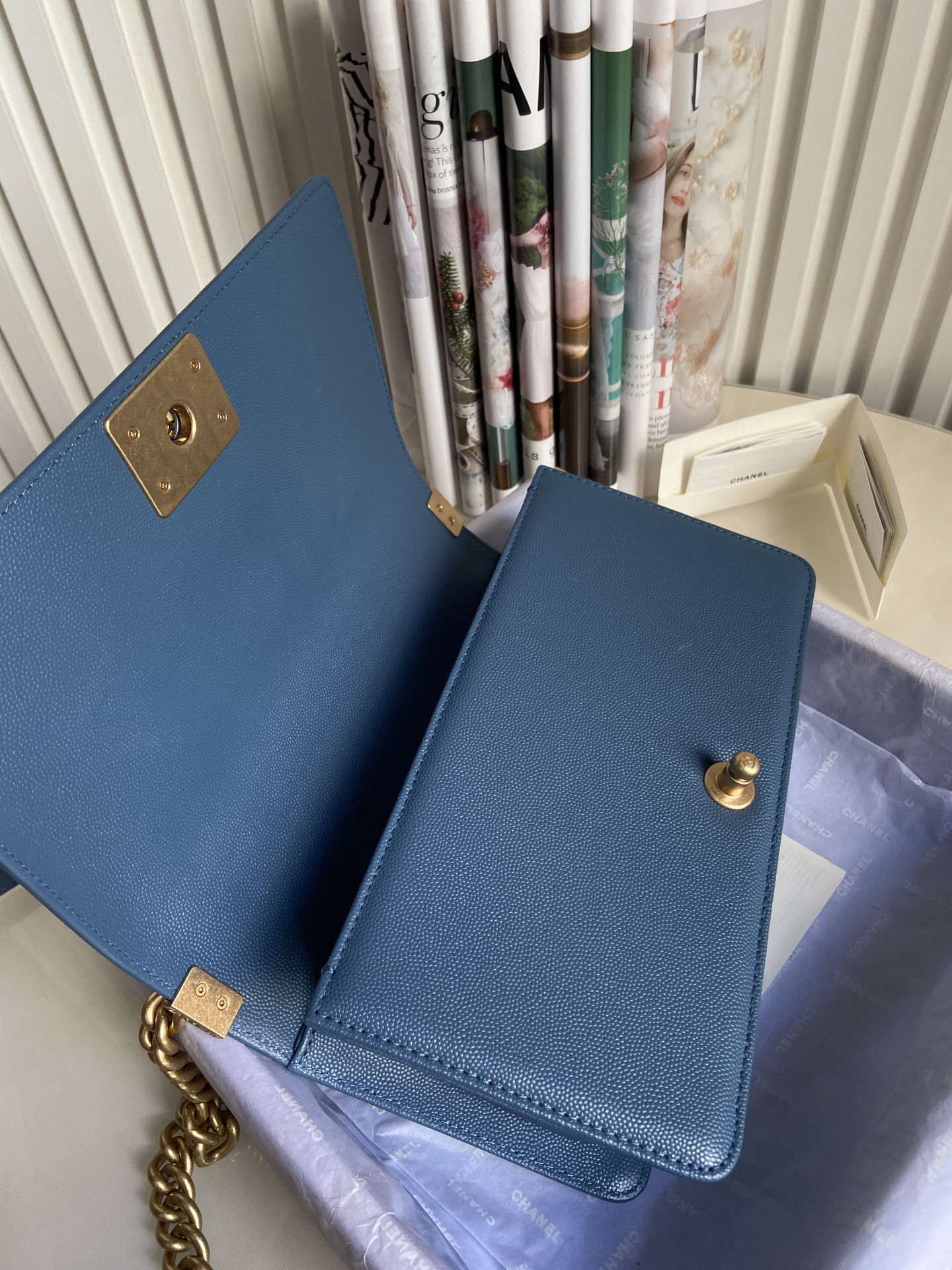 boy Ch*el handbag shiny grained calfskin & gold-tone metal blue 5.9 × 9.8 × 3.5 in