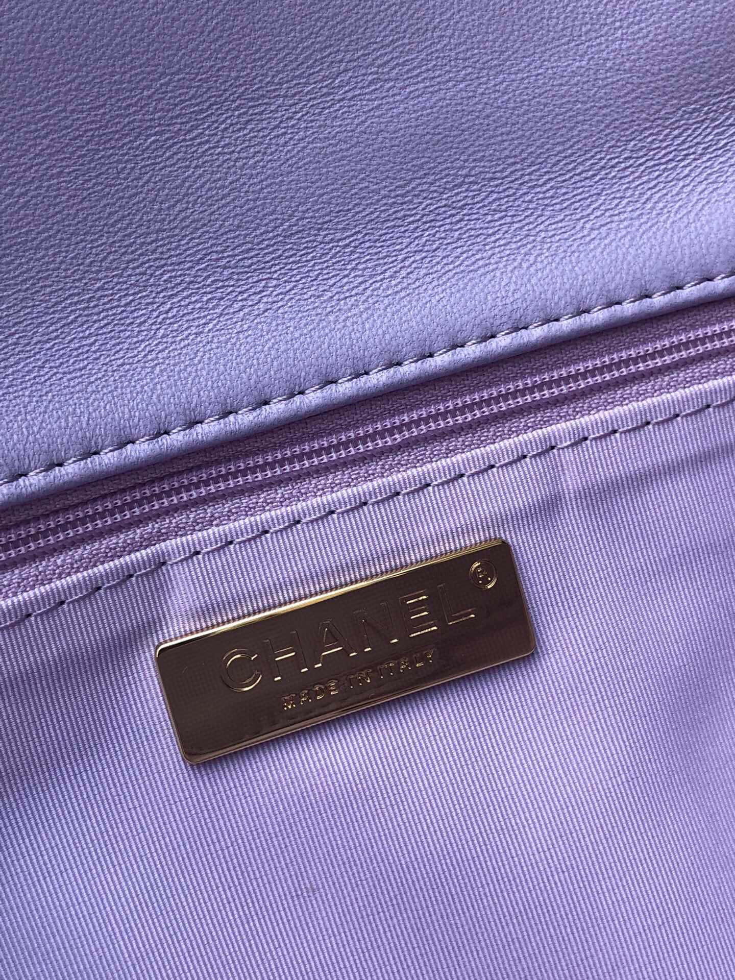 Ch*el 19 large handbag shiny leather, gold-tone, silver-tone & ruthenium-finish metal purple 7.8 × 11.7 × 3.9 in