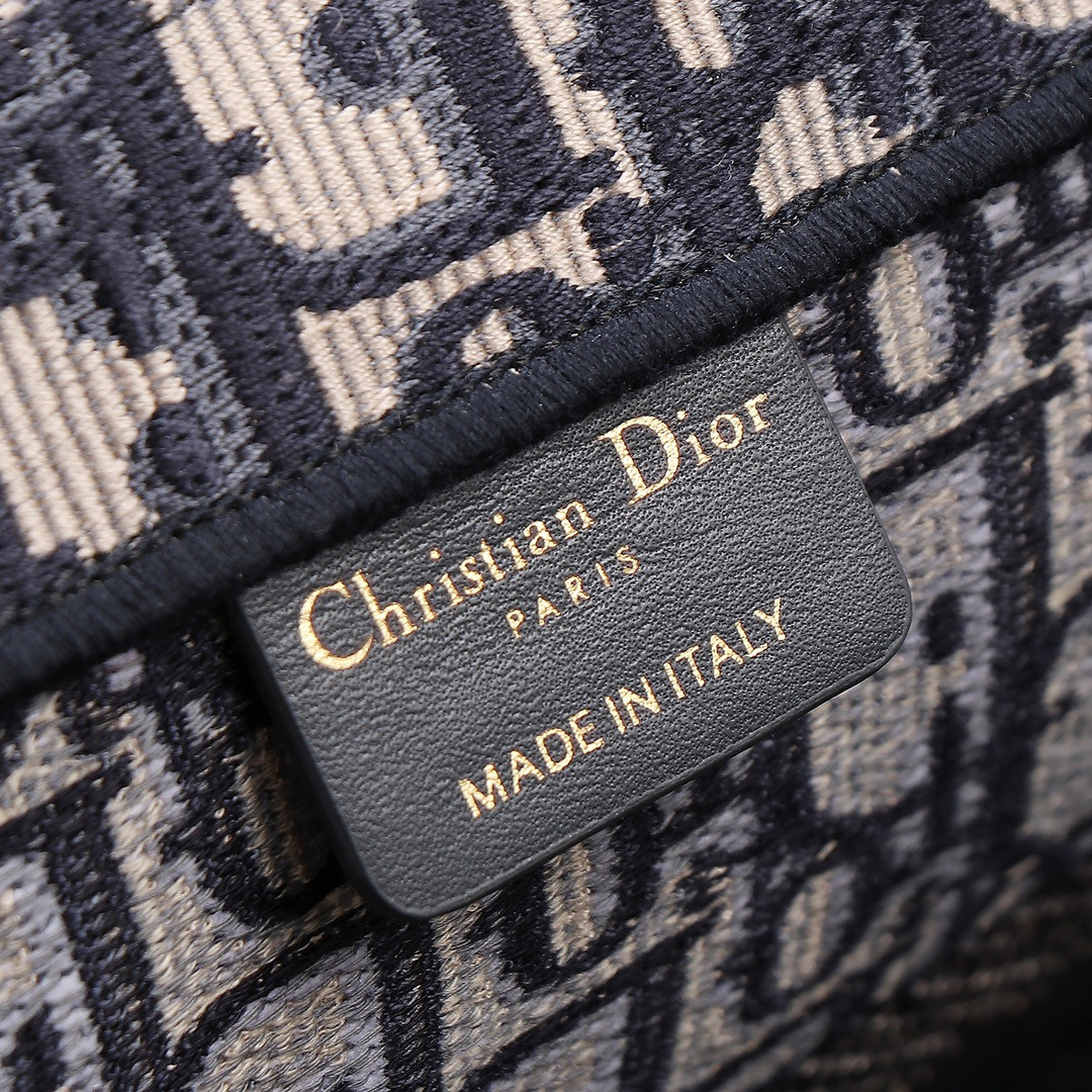 medium D*or book tote  ecru and blue D*or oblique embroidery 14 x 11 x 6.5 inches