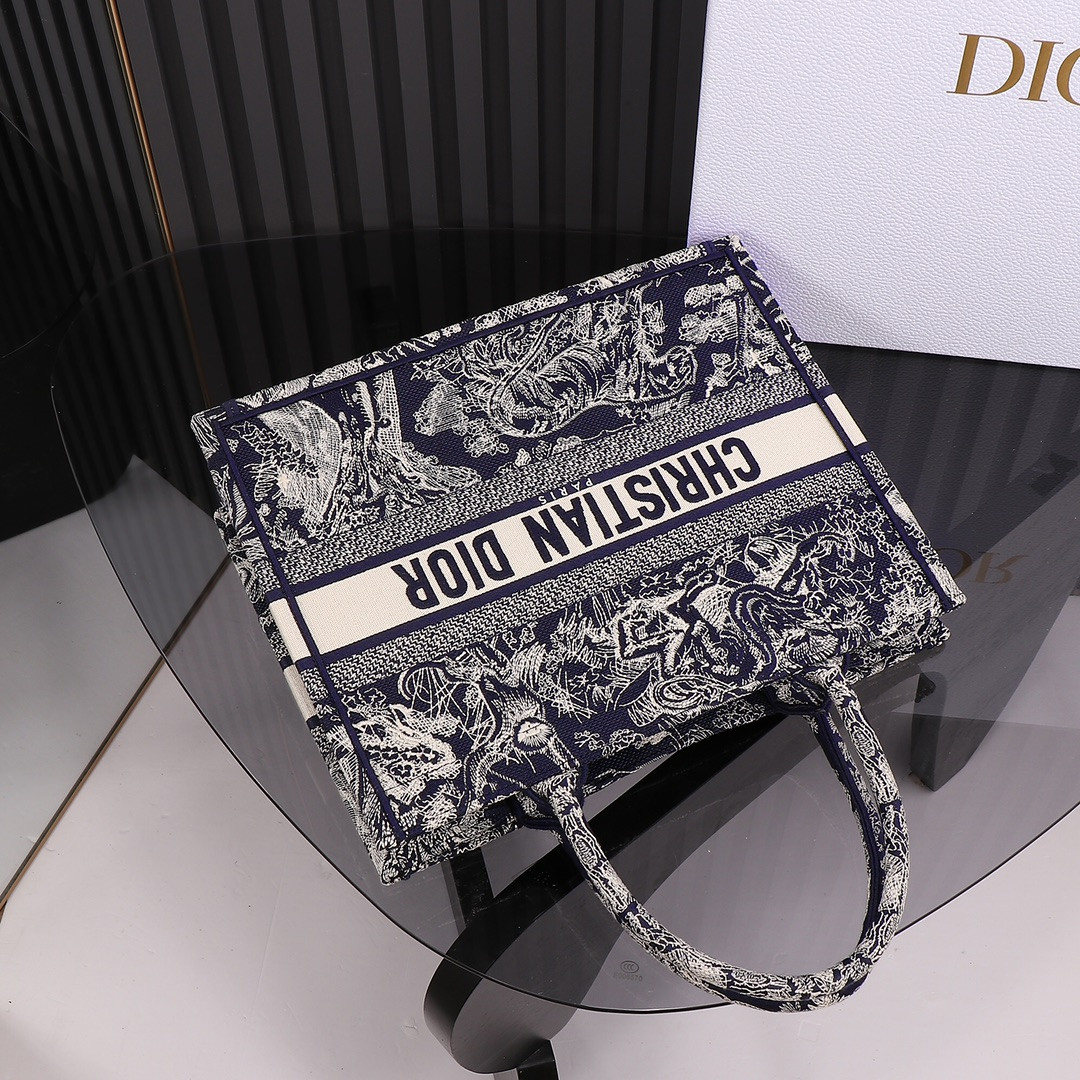 medium D*or book tote  blue and ecru toile de jouy reverse embroidery 14 x 11 x 6.5 inches