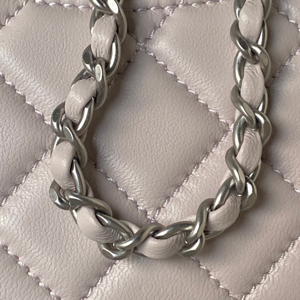 Ch*el mini flap bag shiny calfskin & silver-tone metal light pink 4.7 × 7.8 × 2.3 in