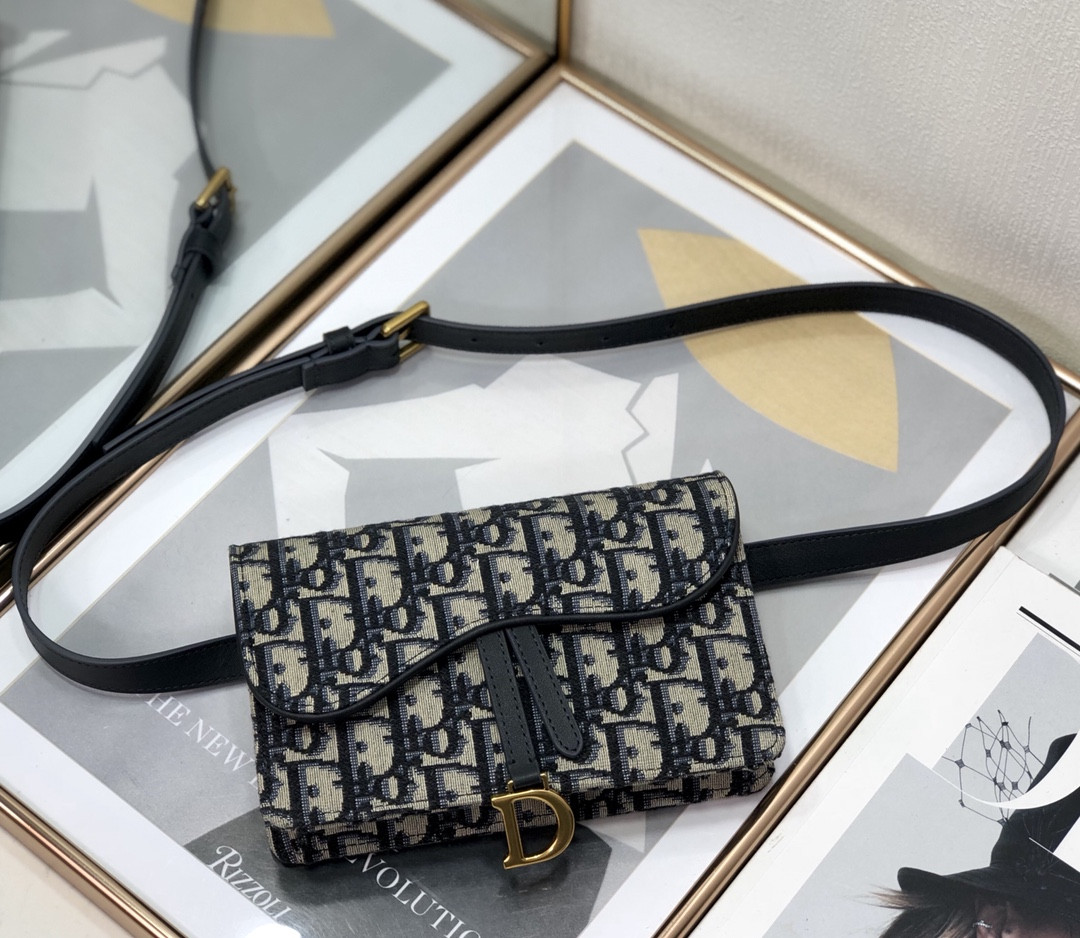 D*or saddle pouch blue D*or oblique jacquard 6.5 x 4 x 1.5 inches