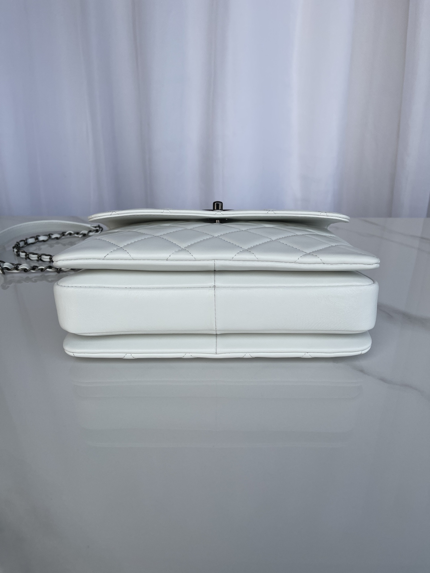 Ch*el flap bag with top handle white 6.6 × 9.8 × 4.7 in