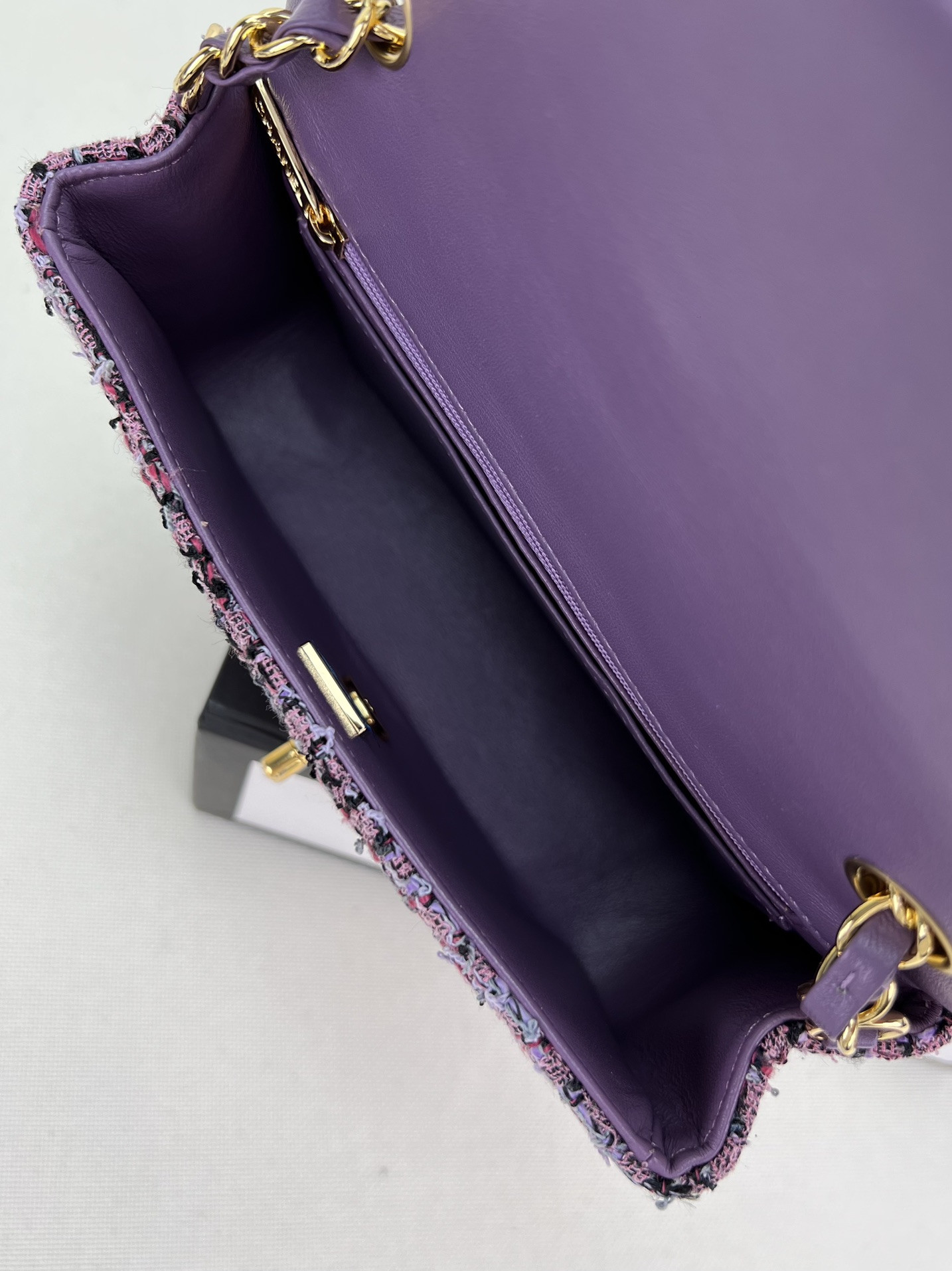 Ch*el mini classic 11.12 handbag tweed & gold-tone metal 4.7 × 7.8 × 2.3 in