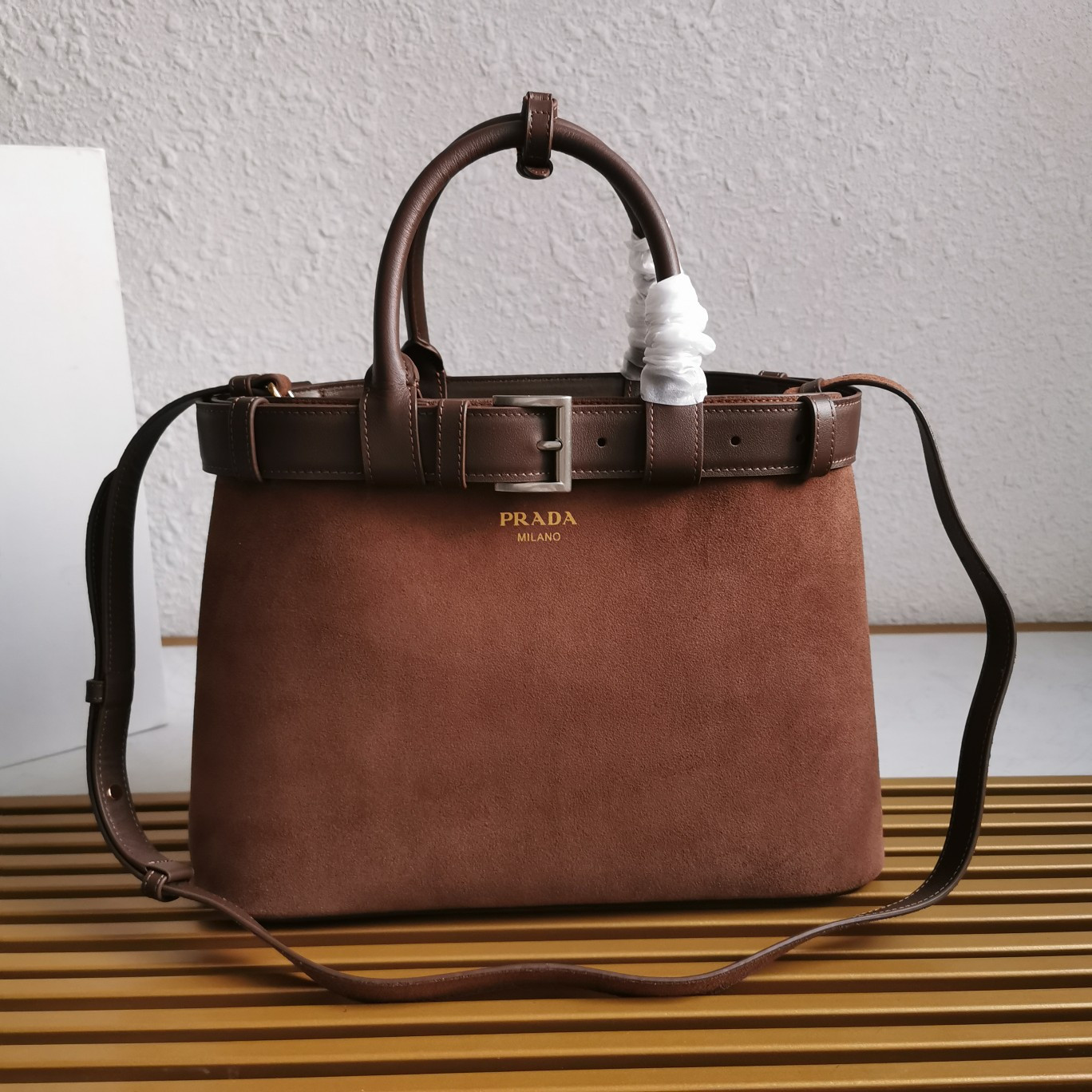 Pra*a large Pra*a buckle suede bag with belt 27.5x37.5x14cm